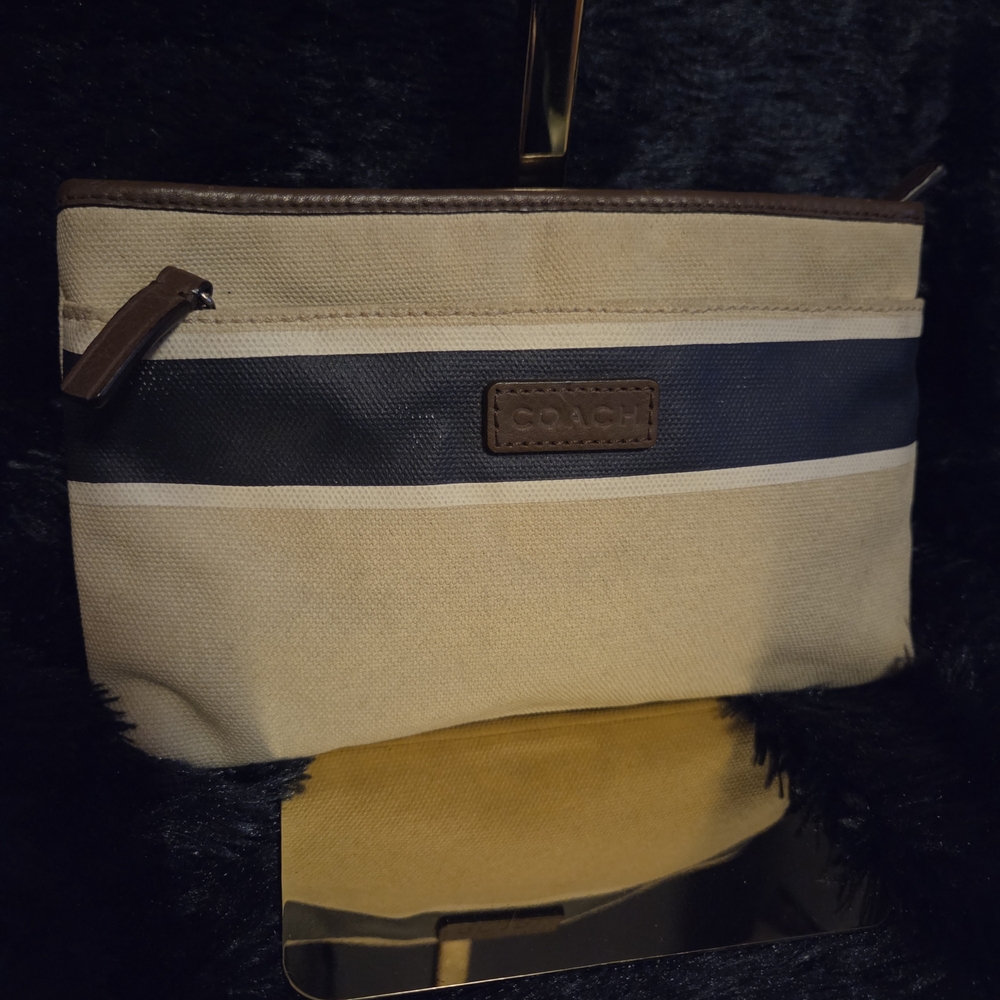 Coach Canvas Travel Pouch Cosmetic Toiletry Organizer Cream Brown Zip